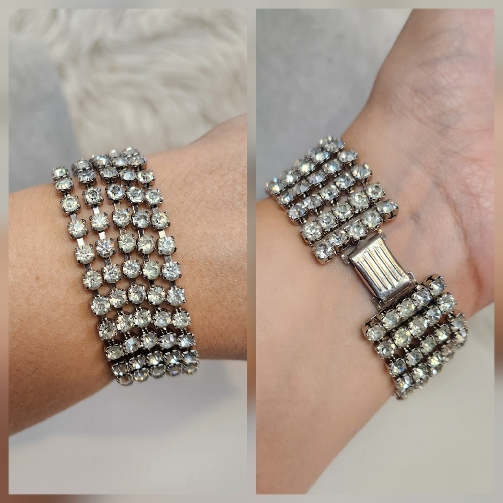 Vintage 4 Row Rhinestone Bracelet Silver Tone Wide Cuff Art Deco Revival Costume